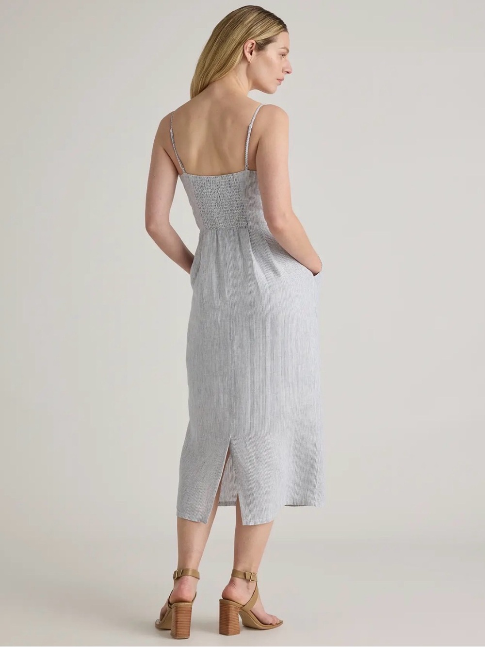 100% European Linen Scoop Neck Midi Dress in Blue Pinstripe - Picture 3 of 3